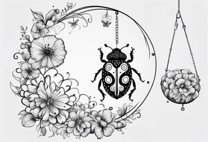 very minimalist thin lining combination of a ladybug, the letter ‘s’, a jellyfish and a swing tattoo idea