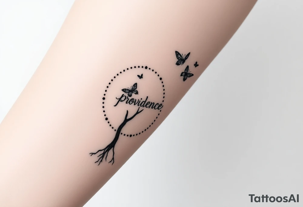 a tree of life that has small roots but its roots lead into a dotted circle with three butterflies coming out of the top right of the circle and the word “providence” is written in fancy letters on the outside of circle but curving around the circle on the left side tattoo idea