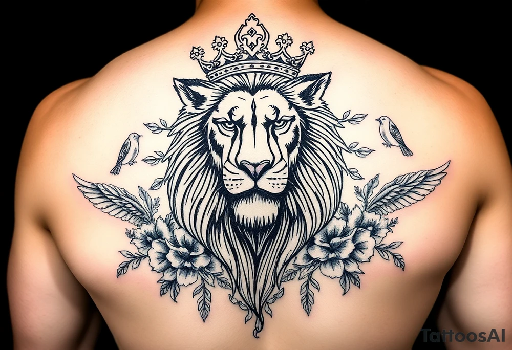 powerful majestic lion with a crown, surrounded by floral ornaments and birds tattoo idea