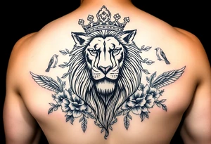 powerful majestic lion with a crown, surrounded by floral ornaments and birds tattoo idea