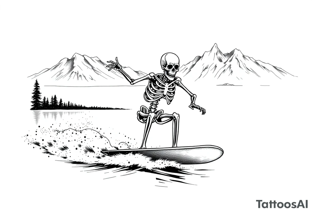 skeleton wakeboarding on lake, holding onto wakeboard handle with one hand, 
mountains in the background tattoo idea