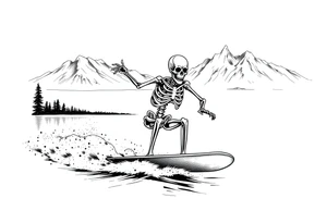 skeleton wakeboarding on lake, holding onto wakeboard handle with one hand, 
mountains in the background tattoo idea