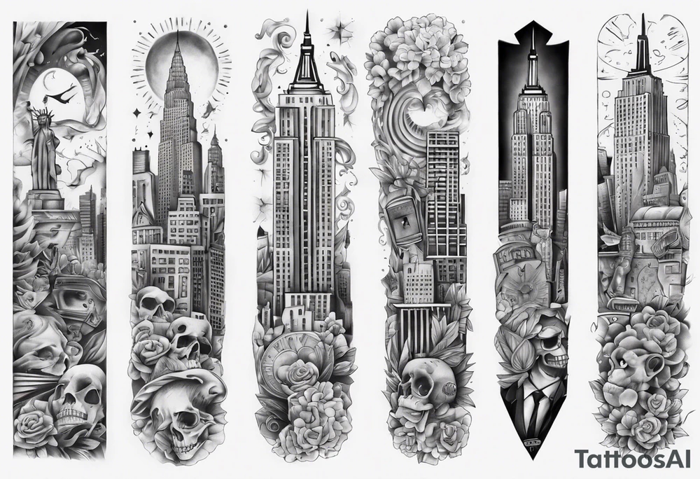 full arm sleeve tattoo based on new york city tattoo idea
