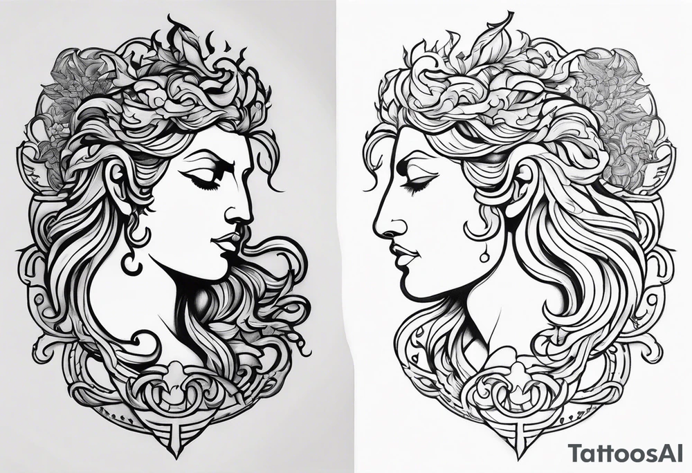 I want to design a mythological upper arm tattoo. I want to have a part of the arm empty and there is another tattoo there, it should not be too big.
zeus medusa tattoo idea