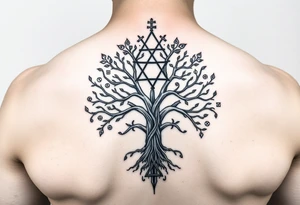 geometrical mystical tree of life with the star of David and cross cosmic roots and celestial runes and branches with HIV-positive symbol tattoo idea