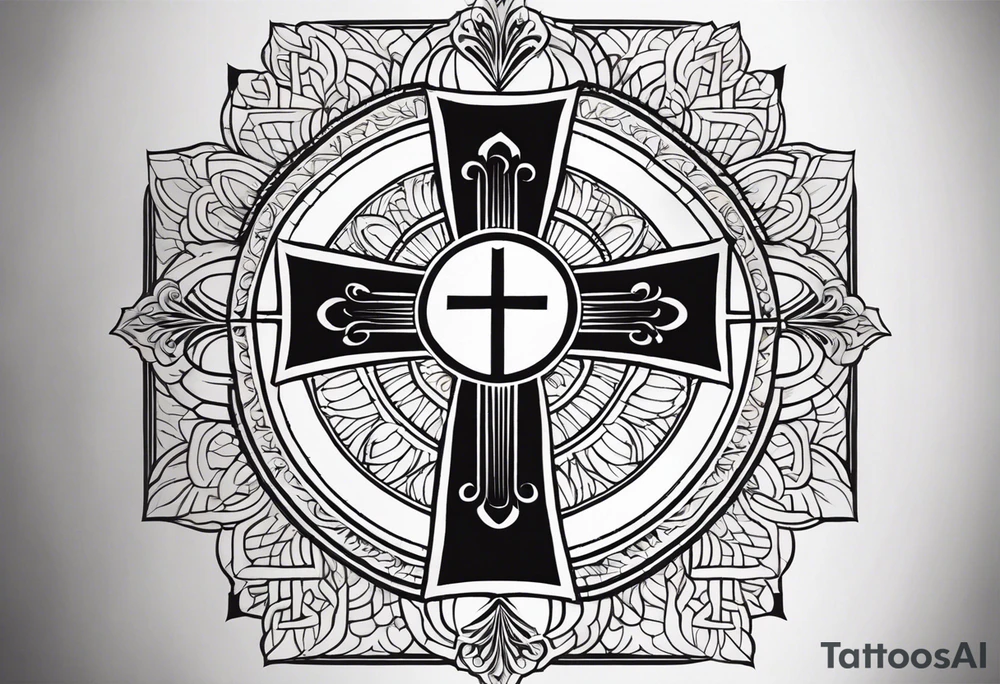 Tattoo: A refined cross with a soft halo on top of it, symbolizing light and spirituality. Delicate rays extend outward from the halo, adding a subtle glow and depth. The cross itself is simple and elegant, with potential for small, intricate line details within the design. tattoo idea