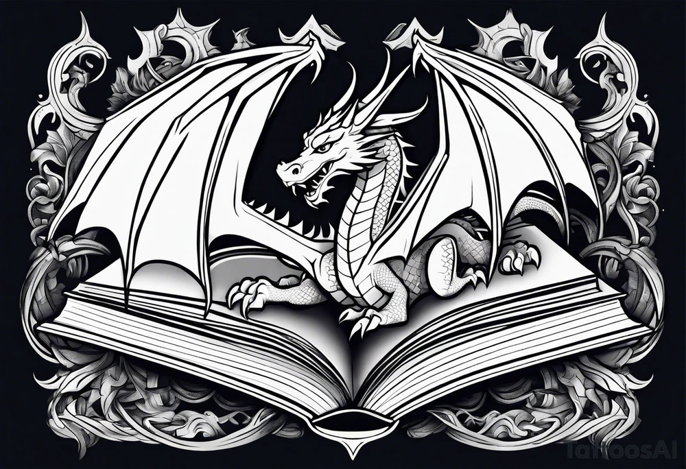 An open book with a dragon from First Wing curled up and resting underneath it. tattoo idea