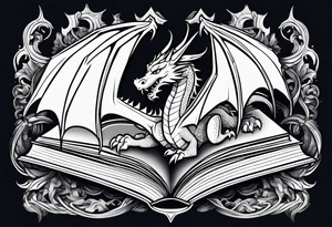 An open book with a dragon from First Wing curled up and resting underneath it. tattoo idea