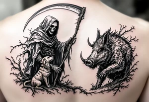 Grim reaper looking down on a hunting dog and big feral boar while holding a scythe and scroll. The scroll has the words “You dont always win” written on it tattoo idea