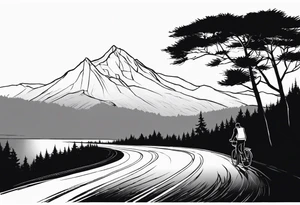 A man with a backpack walking down a road lined with trees, holding a bicycle towards a mountain tattoo idea