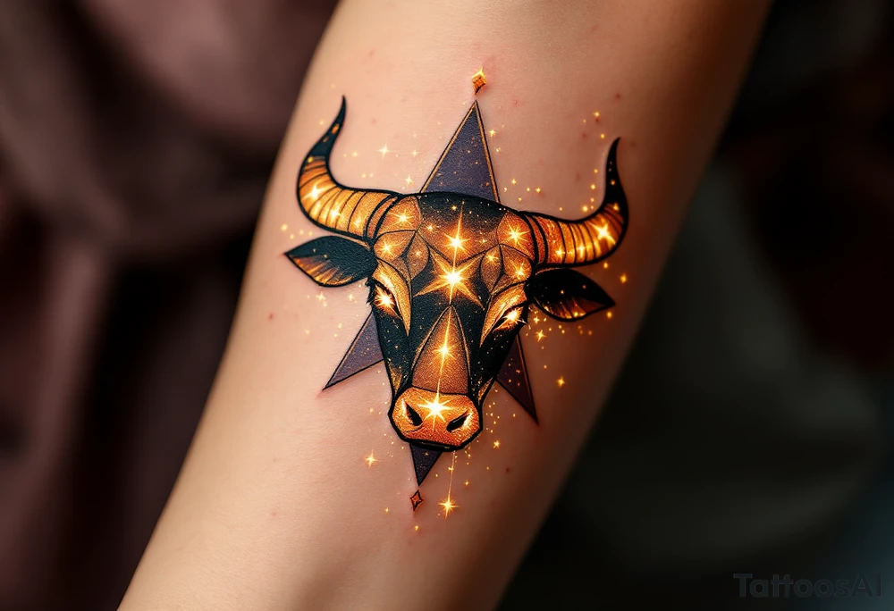 The Taurus star constellation glows with warm golden hues, reflecting the earthy strength of the zodiac’s steadfast bull ♉︎. tattoo idea