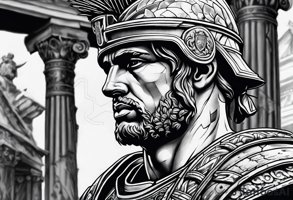 Close up of roman solider with ruins in the background tattoo idea