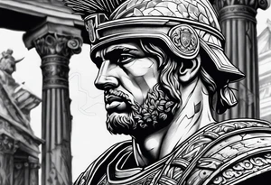 Close up of roman solider with ruins in the background tattoo idea