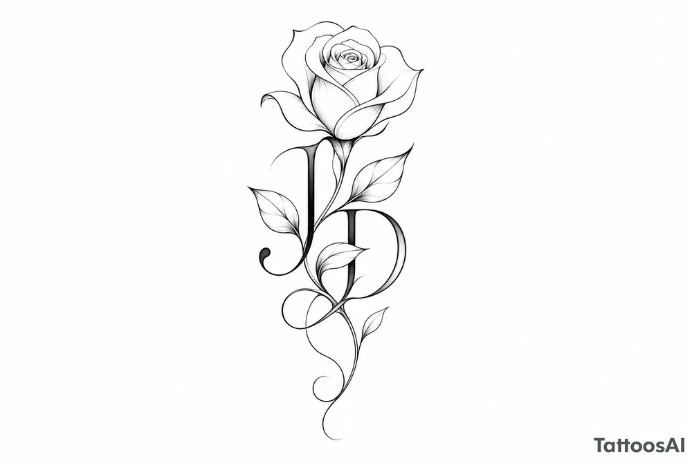 Intertwined J and D hidden within rose petals and leaves. less details more minimalist tattoo idea