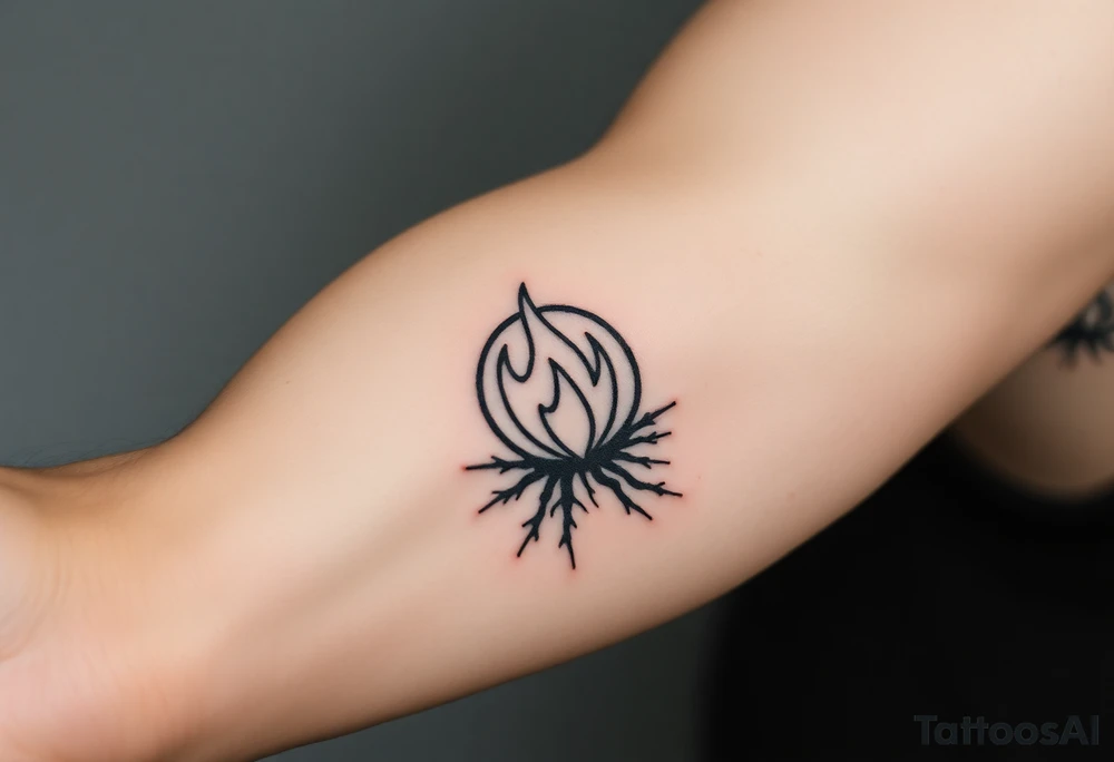 a round flame in a prison of roots tattoo idea