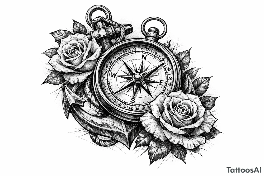 a compass,anchor,roses. tattoo idea