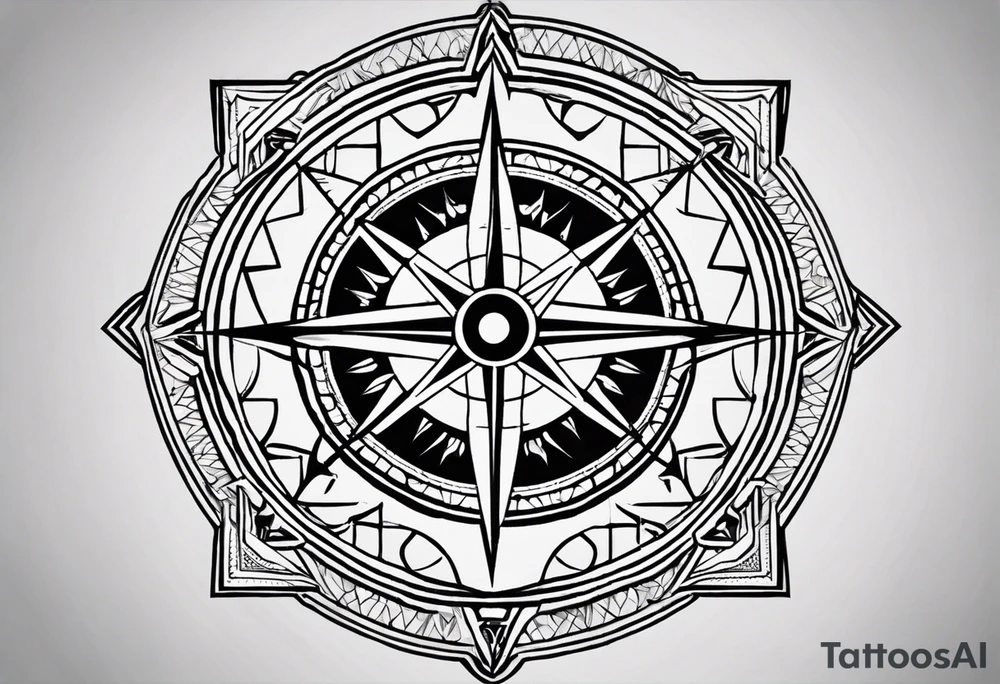 Design a tattoo in a Geometric style featuring a compass as the central element. The compass should have intricate, symmetrical geometric patterns within its structure, such as interlocking lines or triangular engravings. Behind the compass, include a bold, tilted scar running diagonally, with slightly jagged edges and natural tapering at both ends. The scar should integrate seamlessly into the geometric design without overpowering it. Use sharp, clean lines and focus on symmetry, avoiding heavy shading or background elements. tattoo idea