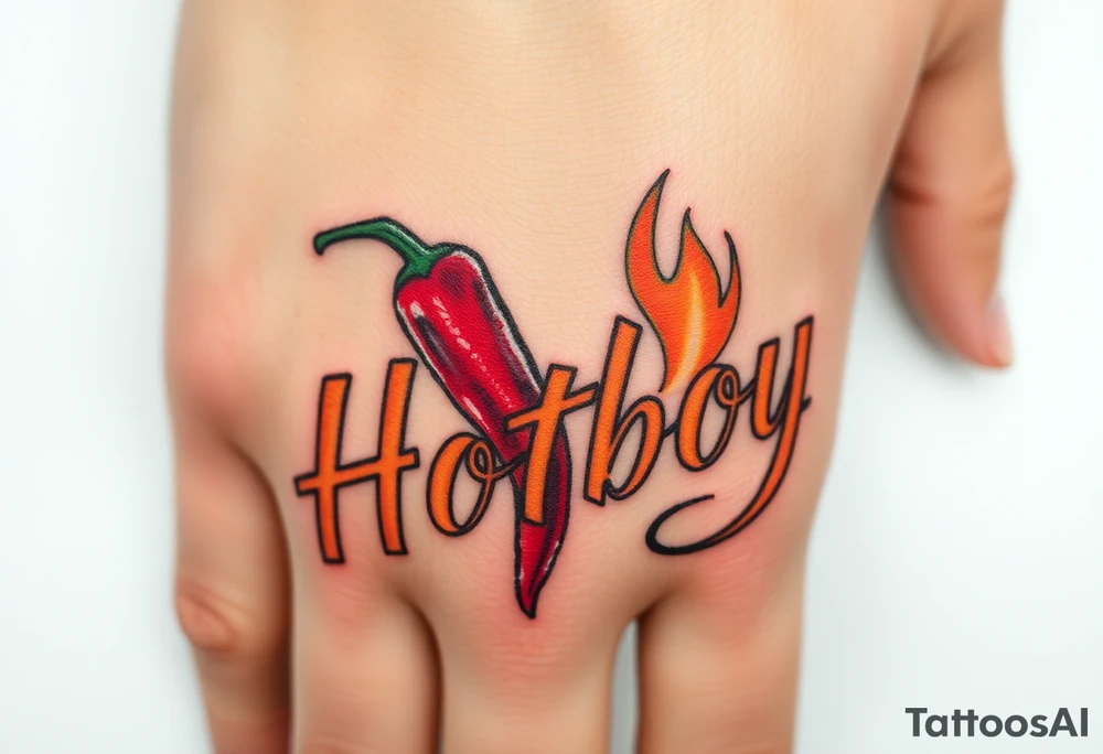 Chili pepper and fire lettering says Hotboy tattoo idea