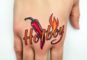 Chili pepper and fire lettering says Hotboy tattoo idea