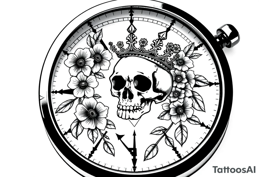 Compass with detailed beautiful gothic boho flowers on vine and skull with gorgeous crown tattoo idea