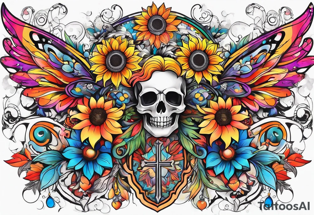 arm sleeve with winged cross, rainbow sunflowers and butterflies tattoo idea