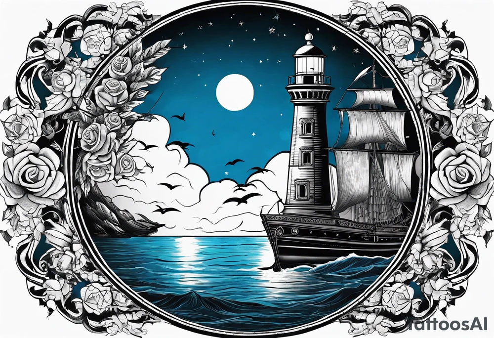 bateau, phare maritime, phoenix, rose des vents et lune bleu. tattoo idea
