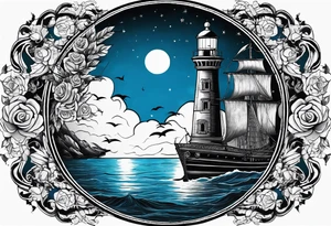 bateau, phare maritime, phoenix, rose des vents et lune bleu. tattoo idea