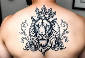 majestic lion wearing ornate crown, surrounded by baroque flourishes tattoo idea