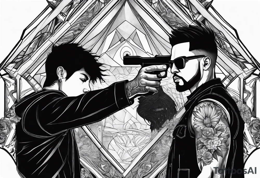 In the reflection of a eye two black siloets of people holding guns one man dead on the ground with a wounded woman standing behind him tattoo idea