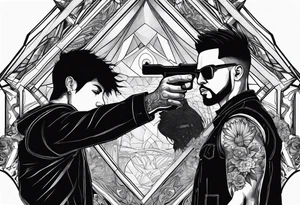 In the reflection of a eye two black siloets of people holding guns one man dead on the ground with a wounded woman standing behind him tattoo idea