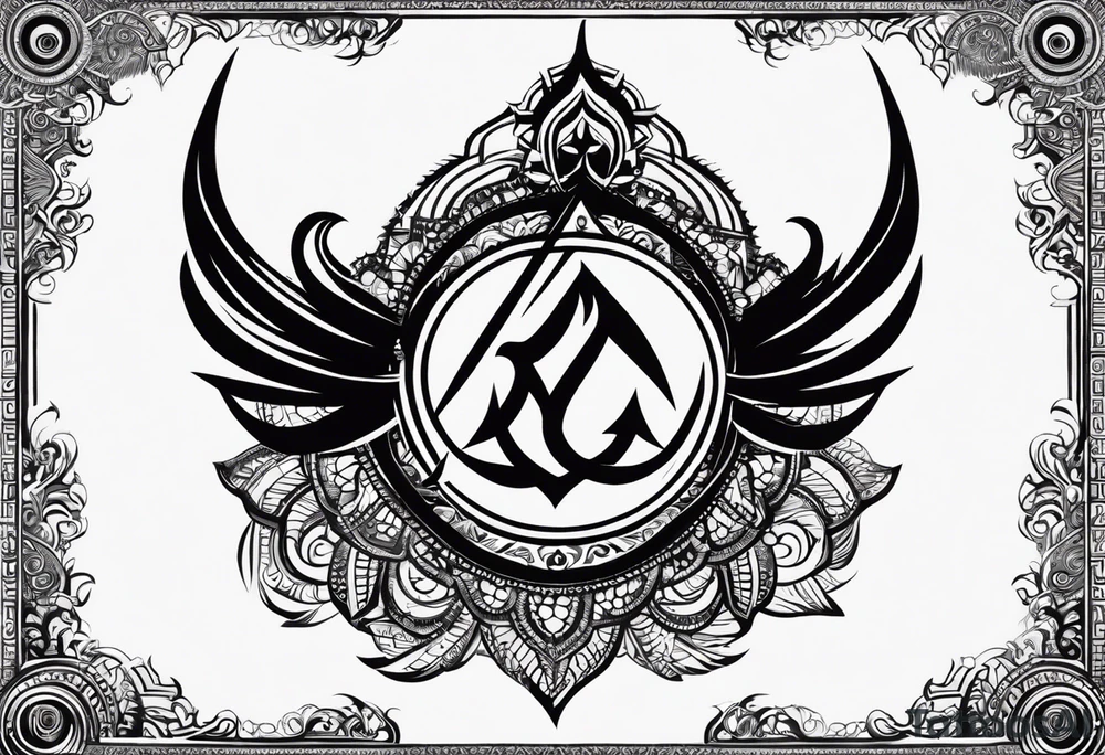 "Create an imposing and fearsome tattoo that combines traditional Hindu symbolism with a powerful, intimidating aura. Incorporate the trishul (trident) at the center, sharp and jagged like the ultimate weapon of divine retribution, with detailed engravings of storm-like energy flowing from its points. Surround this with a bold Om symbol at the core, pulsing with spiritual might, layered over intricate geometric patterns that radiate a sense of ancient power. Add elements like roaring serpents coiled around the design, ready to strike, symbolizing both divine protection and wrath. The edges of the band should feature bold tribal lines, each stroke aggressive yet precise, to reflect the fierce warrior aspect of Hindu deities. The overall design should feel like an impenetrable shield and a divine warning, blending spirituality with raw strength. tattoo idea