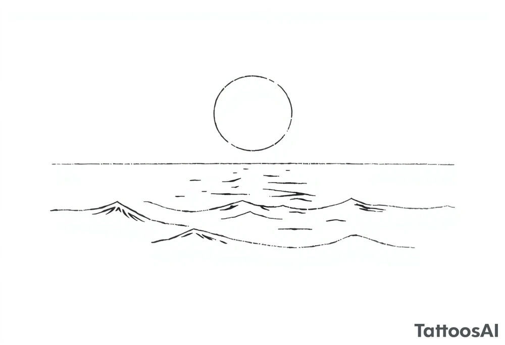 Black and white tattoo design, marine theme. Calm sea waves with a clear horizon line. Above the horizon, a large sun or moon glowing softly, with subtle Norse runes (Algiz, Raido) blended into the light. Minimalistic, elegant, not aggressive, not too masculine or feminine. Line art style, suitable for forearm tattoo. tattoo idea