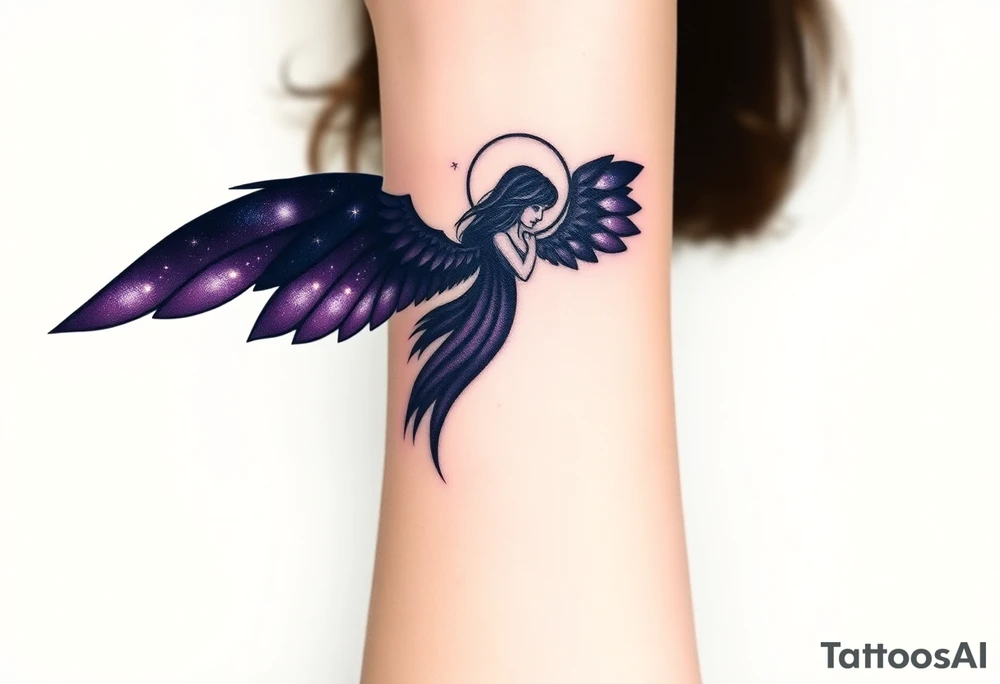 A dark angel with starry wings, the edges of the wings have galaxies within them, deep black and purple hues glowing with specks of white. tattoo idea