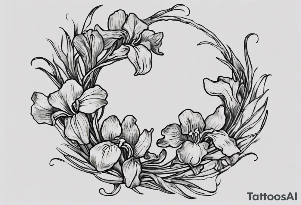 Create a small Vincent van Gogh Irises tattoo. The tattoo should take the form of a crescent, with vines gracefully intertwining at a central point in the middle of the wreath with a bird. The intended placement is on the upper chest. The overall design should be small in size while maintaining a delicate and artistic aesthetic. Pay attention to the graceful flow of the vines and the placement of the irises to achieve a refined and elegant look. tattoo idea