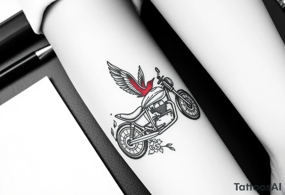 Motorcycle with a red bird flying with roses and lace with flames tattoo idea