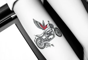 Motorcycle with a red bird flying with roses and lace with flames tattoo idea