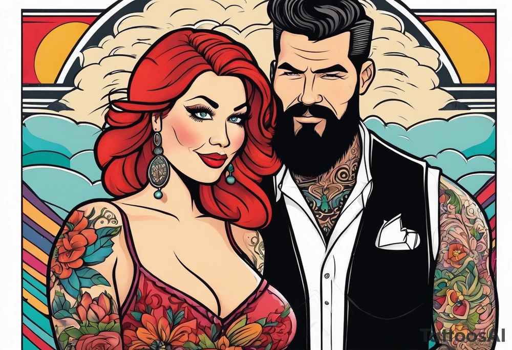 Busty Red haired woman with black haired bearded man tattoo idea