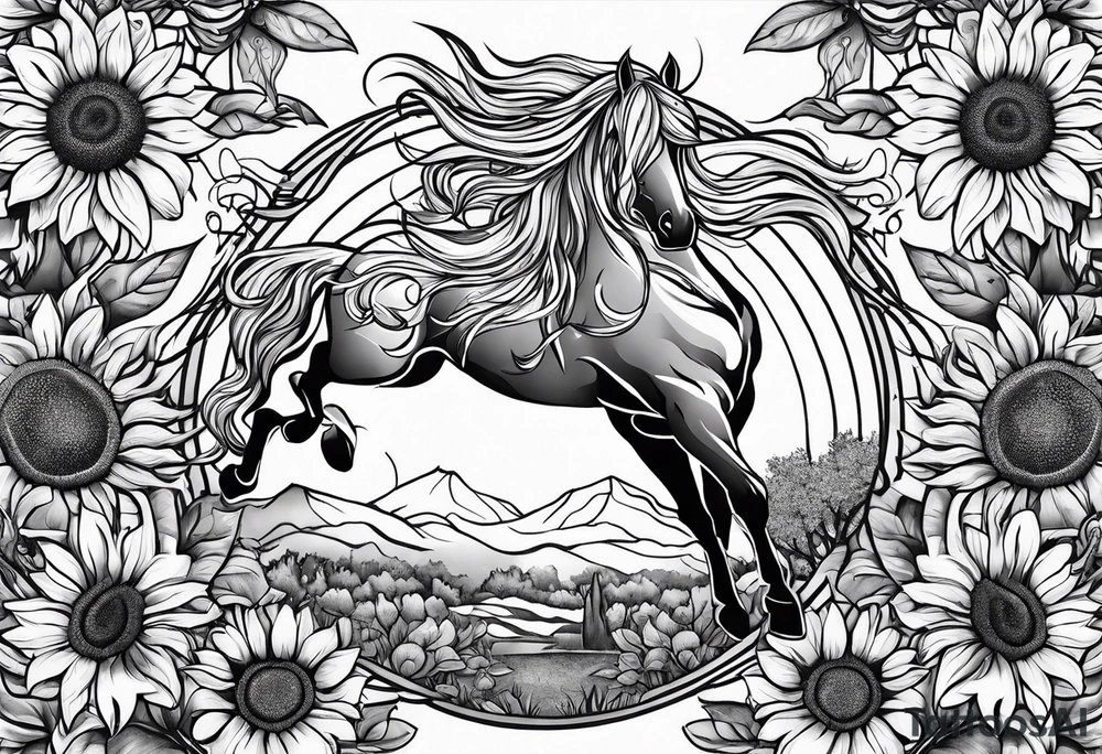 Realistic Horse, sunflower, and Yggdrasil tree tattoo idea Realistic Horse, sunflower, and Yggdrasil tree tattoo idea