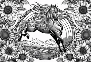 Realistic Horse,  sunflower, and Yggdrasil tree tattoo idea