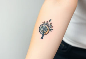 Fibonacci spiral shell inside of tree with little leaves tattoo idea