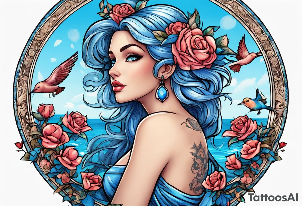 Aphrodite is the goddess of love, with a seaside background, surrounded by birds.. blue roses frames, background blue,present it in a tattoo tattoo idea