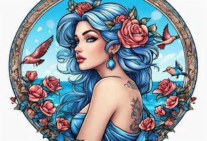 Aphrodite is the goddess of love, with a seaside background, surrounded by birds.. blue roses frames, background blue,present it in a tattoo tattoo idea