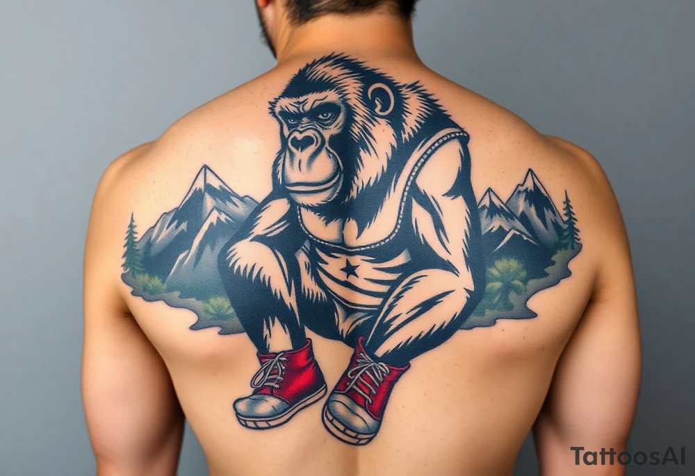 gorilla wearing amateur wrestling shoes and an singlet for a match as a person would. The surrounding area is mountainous jungle tattoo idea