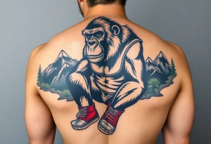 gorilla wearing amateur wrestling shoes and an singlet for a match as a person would. The surrounding area is mountainous jungle tattoo idea
