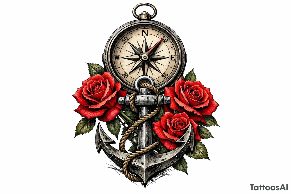 a compass under it an anchor and roses. tattoo idea