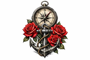 a compass under it an anchor and roses. tattoo idea