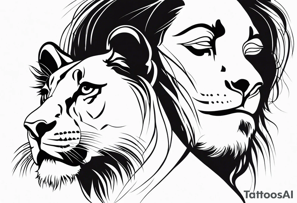 Moitié visage lion avec son bebe lionne tattoo idea