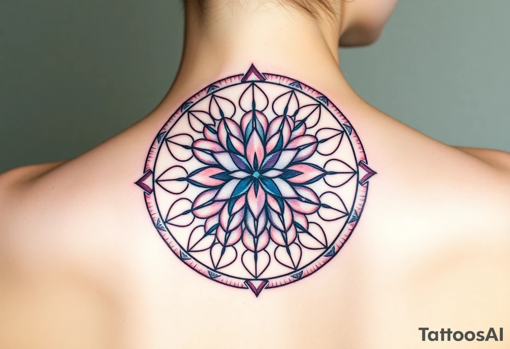 A symmetrical Flower of Life with hexagonal crystal details in round cyrcle, enhancing its sacred geometric nature. tattoo idea