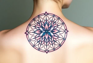 A symmetrical Flower of Life with hexagonal crystal details in round cyrcle, enhancing its sacred geometric nature. tattoo idea