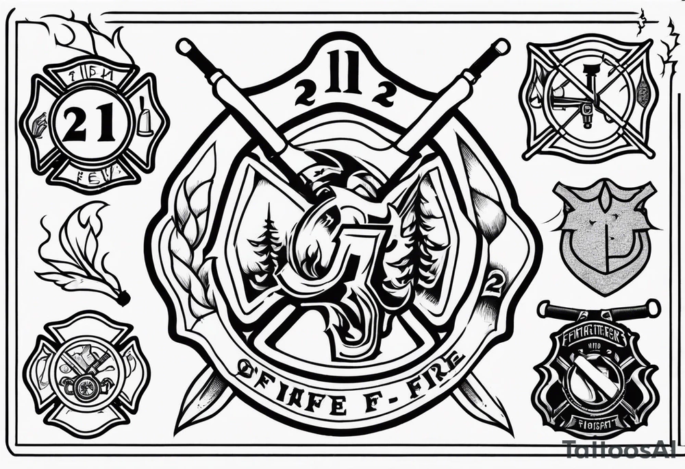 Simple line work tattoo with number 21, firefighters Hooligan bar and a fire fighter Axe tattoo idea